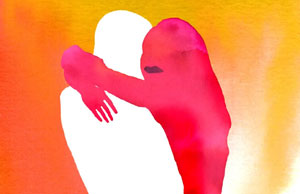 abstract couple hugging, woman in pink and man in white